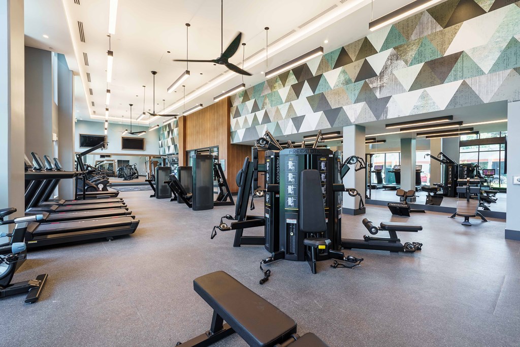 a gym with cardio machines and weights on the floor