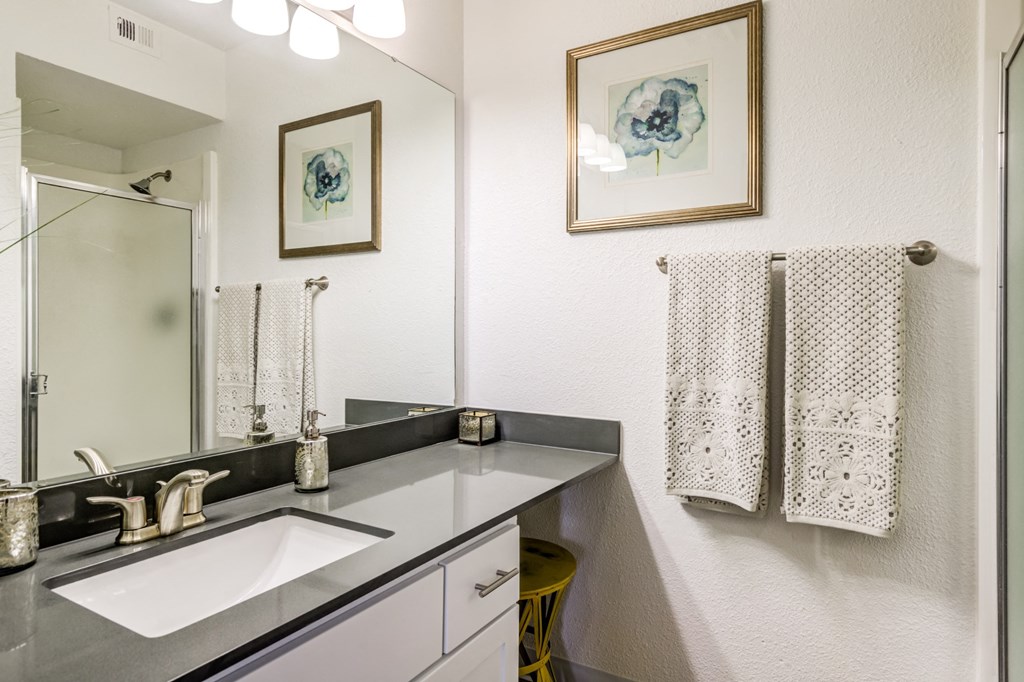 Bathroom with standing showers and stone sink counter