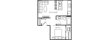 A black and white image of a floor plan for a small apartment.