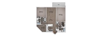 A floor plan of a home with a living room, two bedrooms, a patio, and an office.
