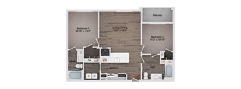 A floor plan of a home with two bedrooms, a living/dining area, a kitchen, and two bathrooms.