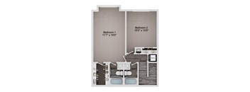A floor plan of a home with two bedrooms and a bathroom.
