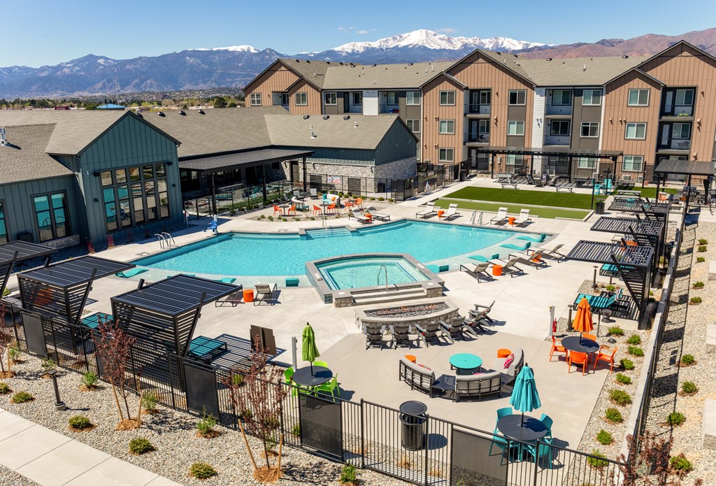 Ariel view of the pool and mountains