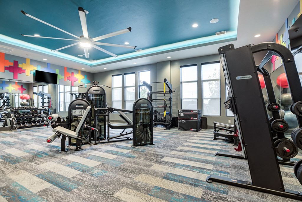 a gym with weights and cardio machines and a large window