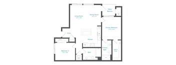 A floor plan of a home with a living room, dining room, kitchen, two bathrooms, and two bedrooms.