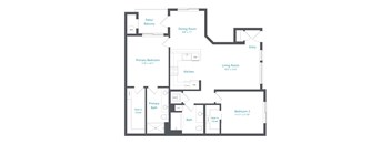 A floor plan of a house with a living room, two bedrooms, a bathroom, a kitchen, a dining room, and a patio/balcony.