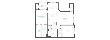 A floor plan of a house with a living room, two bedrooms, a bathroom, a kitchen, a dining room, and a patio/balcony.