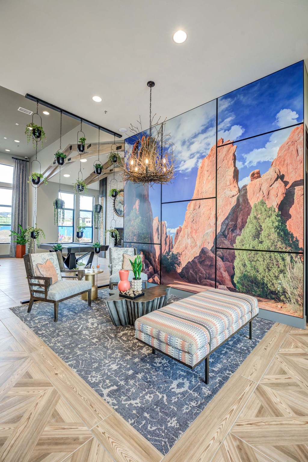 Community room with a chandelier