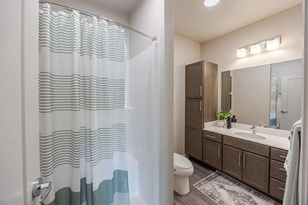 A bathroom with a white toilet, a sink, a mirror, and a shower with a glass door.