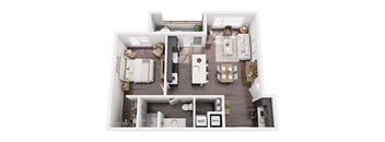 A top-down view of a modern apartment layout with labeled sections.