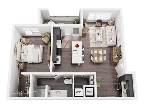 A top-down view of a modern apartment layout with labeled sections.