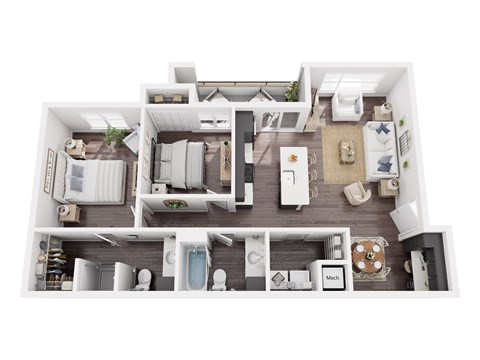 A top-down view of a modern apartment layout.