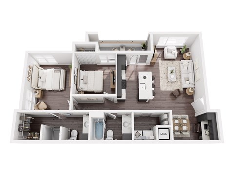 A top-down view of a modern apartment layout.