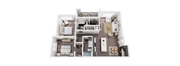 A top-down view of a modern apartment layout.