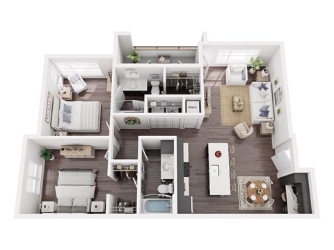 A top-down view of a modern apartment layout.