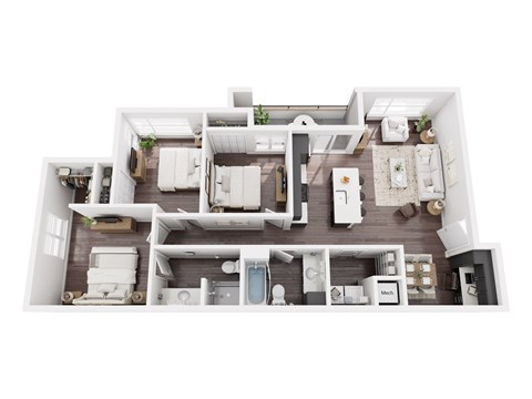 A top-down view of a modern apartment layout.