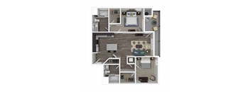 A floor plan of a small apartment with two bedrooms and a living area.