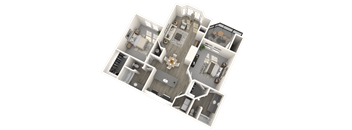 A 3D floor plan of a house with multiple rooms and furniture.