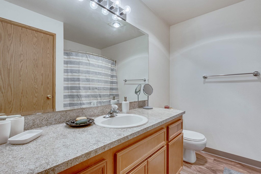 A bathroom with a sink, mirror, toilet, and a shower at Aspenridge Apartments, WA 98683
