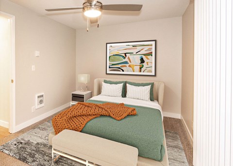 A bedroom with a bed, a nightstand, and a painting on the wall at Aspenridge Apartments,Washington 98683