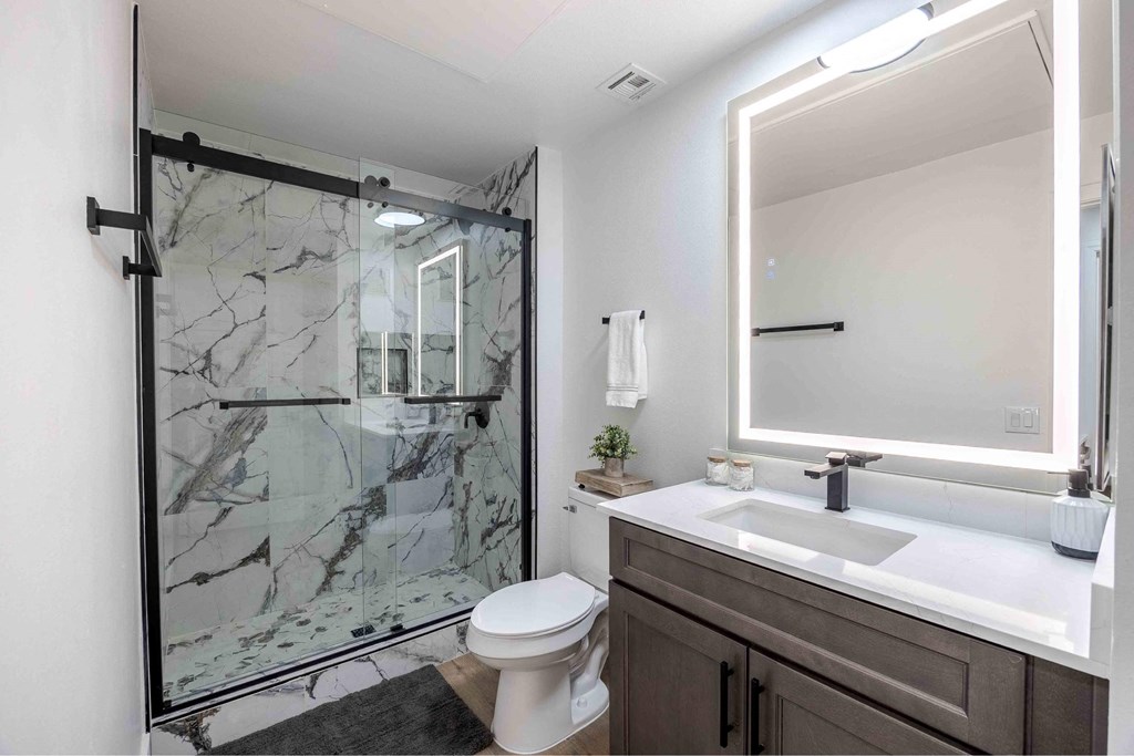 A bathroom with a marble shower and a white toilet.