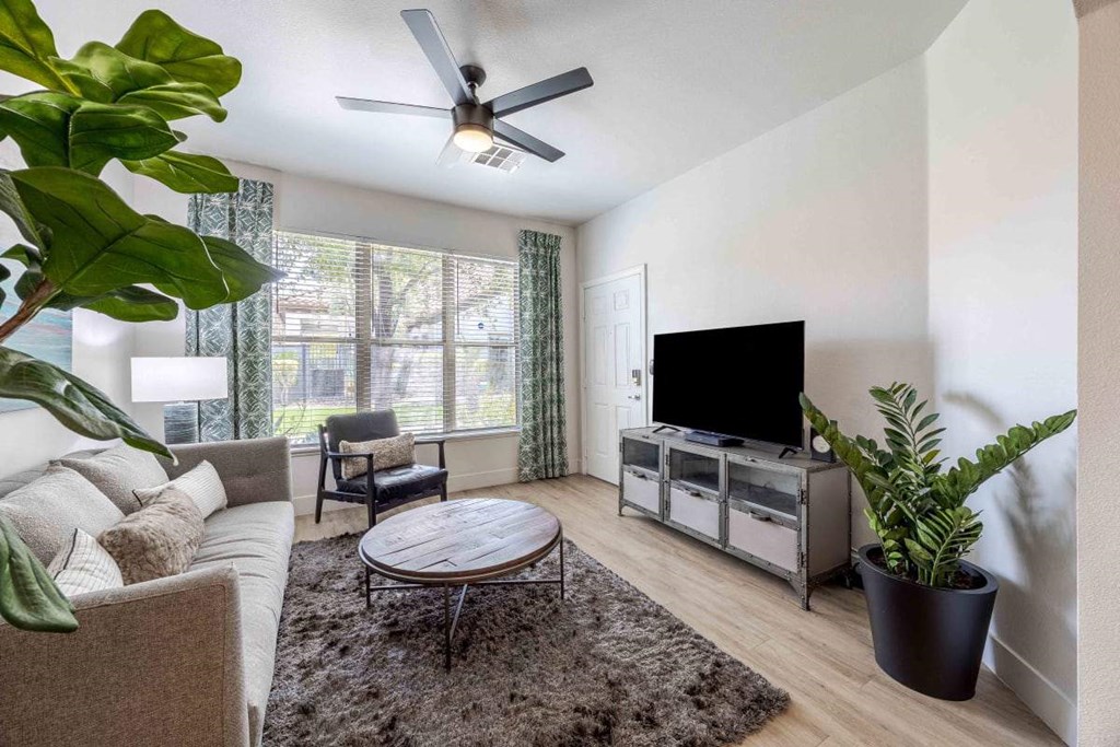 A living room with a flat screen TV and a ceiling fan.