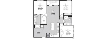 A floor plan of a house with a living room, dining room, and three bedrooms.