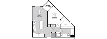 A drawing of a house layout with a living room, bedroom, and bathroom.