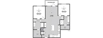 A black and white image of a floor plan for a home with a living room, two bedrooms, a patio/balcony, and a walk-in closet.