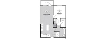A floor plan of an apartment with a living/dining area, a bedroom, a balcony, and a walk-in closet.