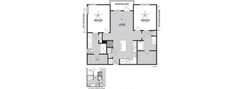 A floor plan of a house with two bedrooms, a living room, a patio/balcony, and a walk-in closet.