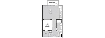 A floor plan of a living area with a bedroom and a patio/balcony.