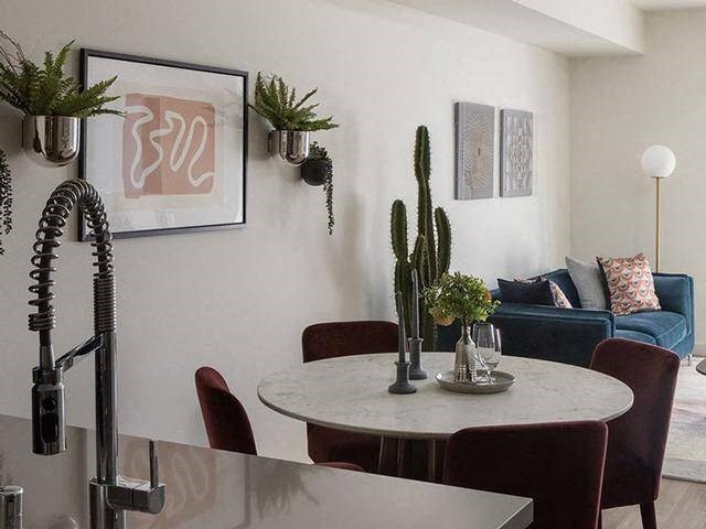 A dining room with a table surrounded by chairs and a cactus plant on the table.