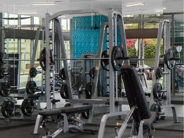 A gym with a weight bench and a squat rack.
