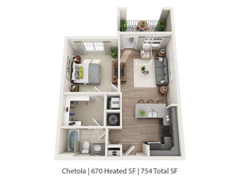 A floor plan of a Chetola apartment showing a bedroom, living room, kitchen, and bathroom.