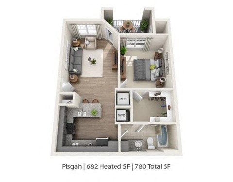 A floor plan of a Pisgah apartment with 682 Heated SF and 780 Total SF.