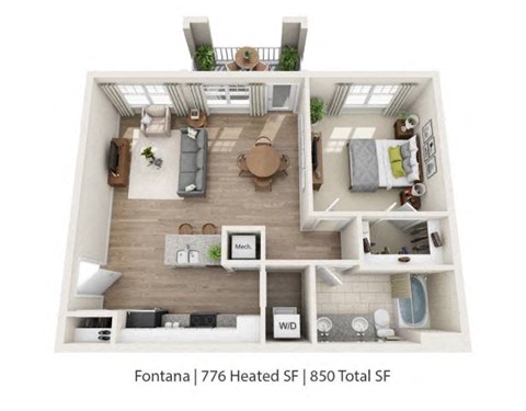 A 3D floor plan of a heated apartment with a total of 850 square feet, including a living room, kitchen, dining area, bedrooms, and bathrooms.