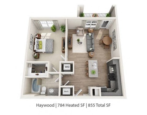 A floor plan of a Haywood apartment with 784 Heated SF and 855 Total SF.