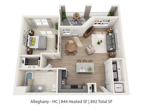 A 3D floor plan of a home in Alleghany showing a heated space and a total of 892 square feet.