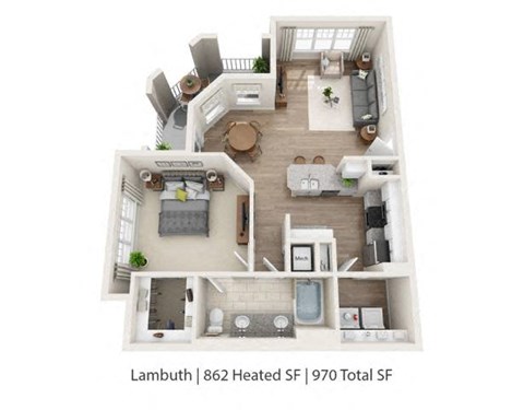 A diagram of a Lambuth apartment showing the layout of the living room, kitchen, and bedrooms.