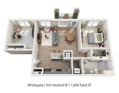 A 935 square foot Whitegate apartment with 1,006 total square feet is furnished with a kitchen, living room, dining room, and two bedrooms.