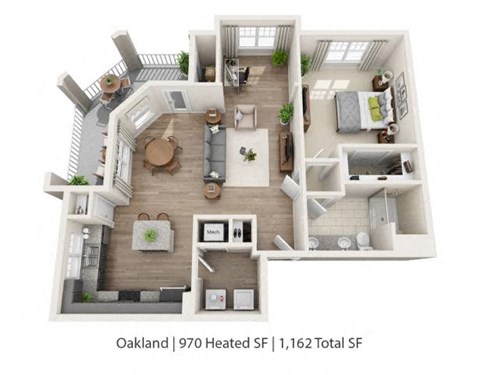 A 970 square foot heated space with 1,162 total square feet.