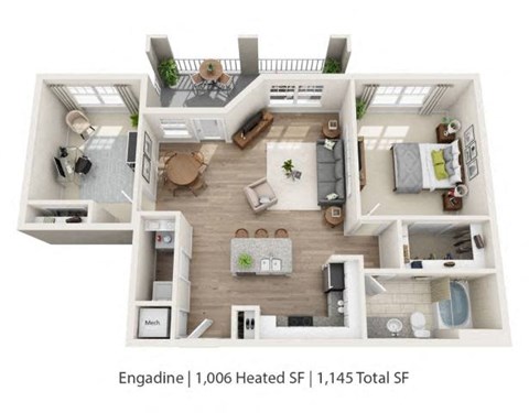 A floor plan of an Engadine apartment with 1,006 Heated SF and 1,145 Total SF.