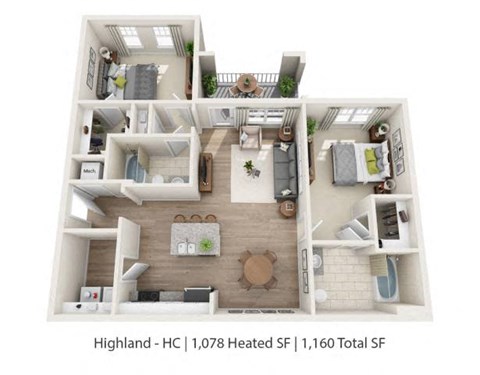 A floor plan of a Highland home with 1,078 heated square feet and a total of 1,160 square feet.