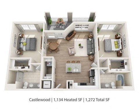 A 3D floor plan of a Castlewood apartment with 1,134 heated square feet and 1,272 total square feet.