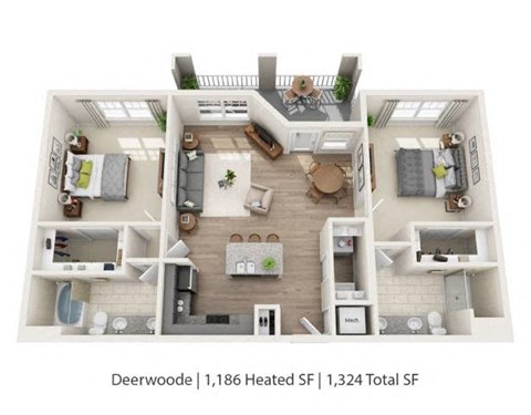 A 3D floor plan of a Deerwoode apartment with 1,186 heated square feet and 1,324 total square feet.