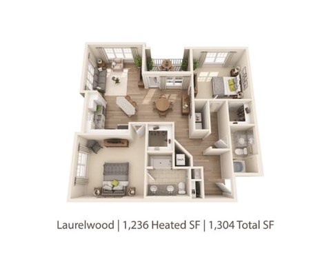 A floor plan of a Laurelwood apartment showing a living room, dining room, kitchen, and bedrooms.