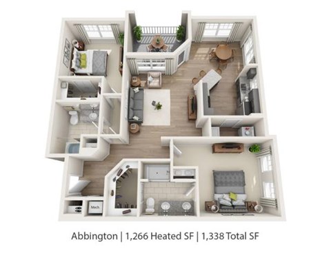 A 3D floor plan of an apartment in Abbington with 1,266 Heated SF and 1,338 Total SF.