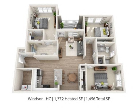 A floor plan of a Windsor - HC apartment with 1,372 heated square feet and a total of 1,456 square feet.