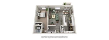 A 3D rendered image of a small apartment layout.